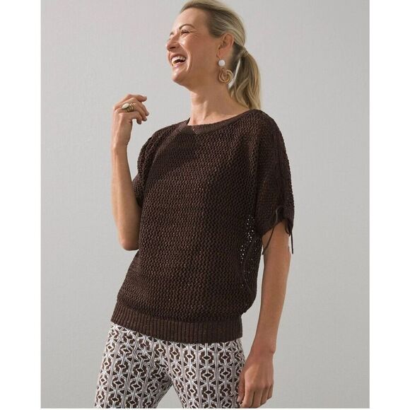 Chico's Pullover Sweater Shimmer Metalic Espresso Shoulder Detail Size 1 US Med - Picture 6 of 11